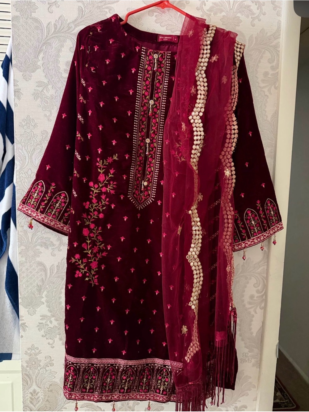 Velvet Embroidered salwar kameej 3 pcs Set in Deep Wine